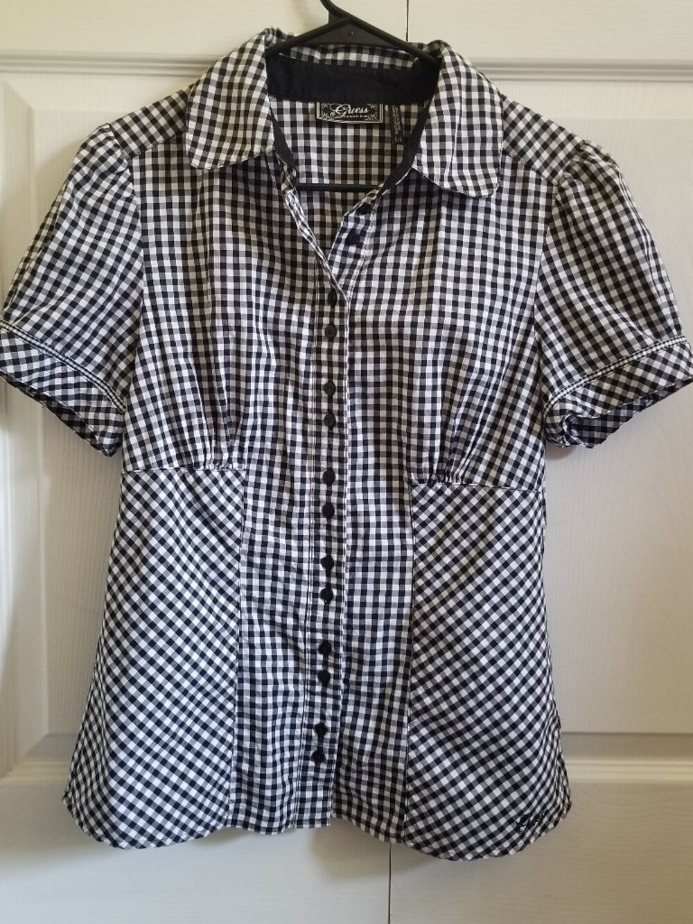 Guess Women's Shirt Large Black White Button Up Gingham Plaid Y2K